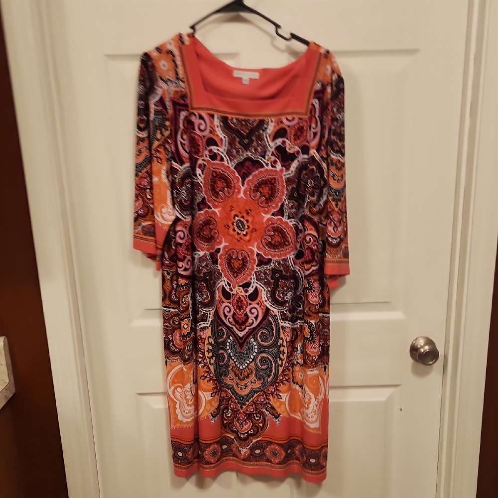 Sandra Darren Orange Pink Cowl Neck Dolman Sleeve Dress